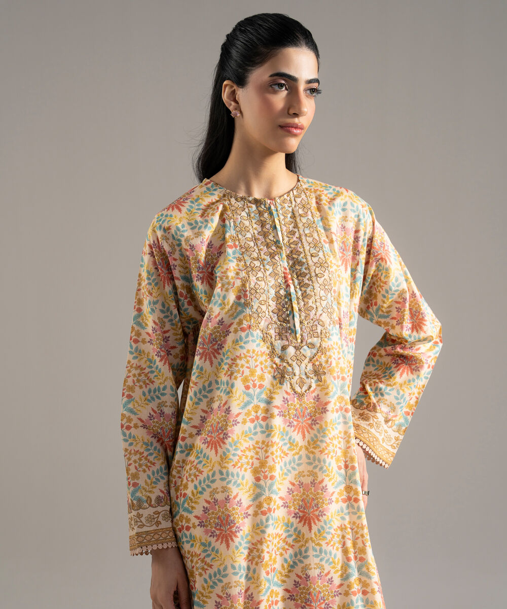 Women's RTW Lawn Printed Embroidered Pale Yellow 2 Piece Suit