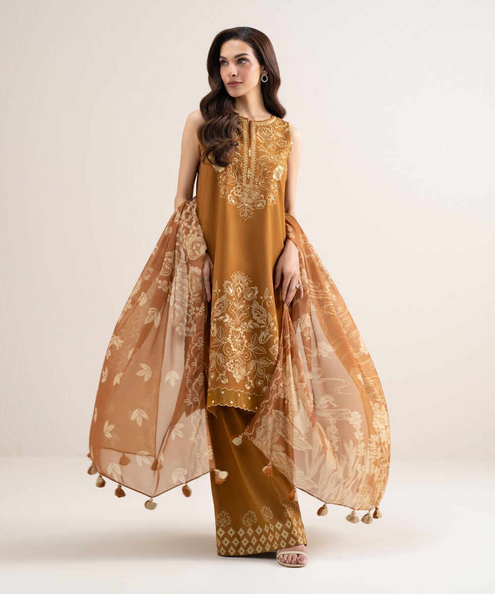Women's Unstitched Slub Lawn Embroidered Mustard 3 Piece Suit