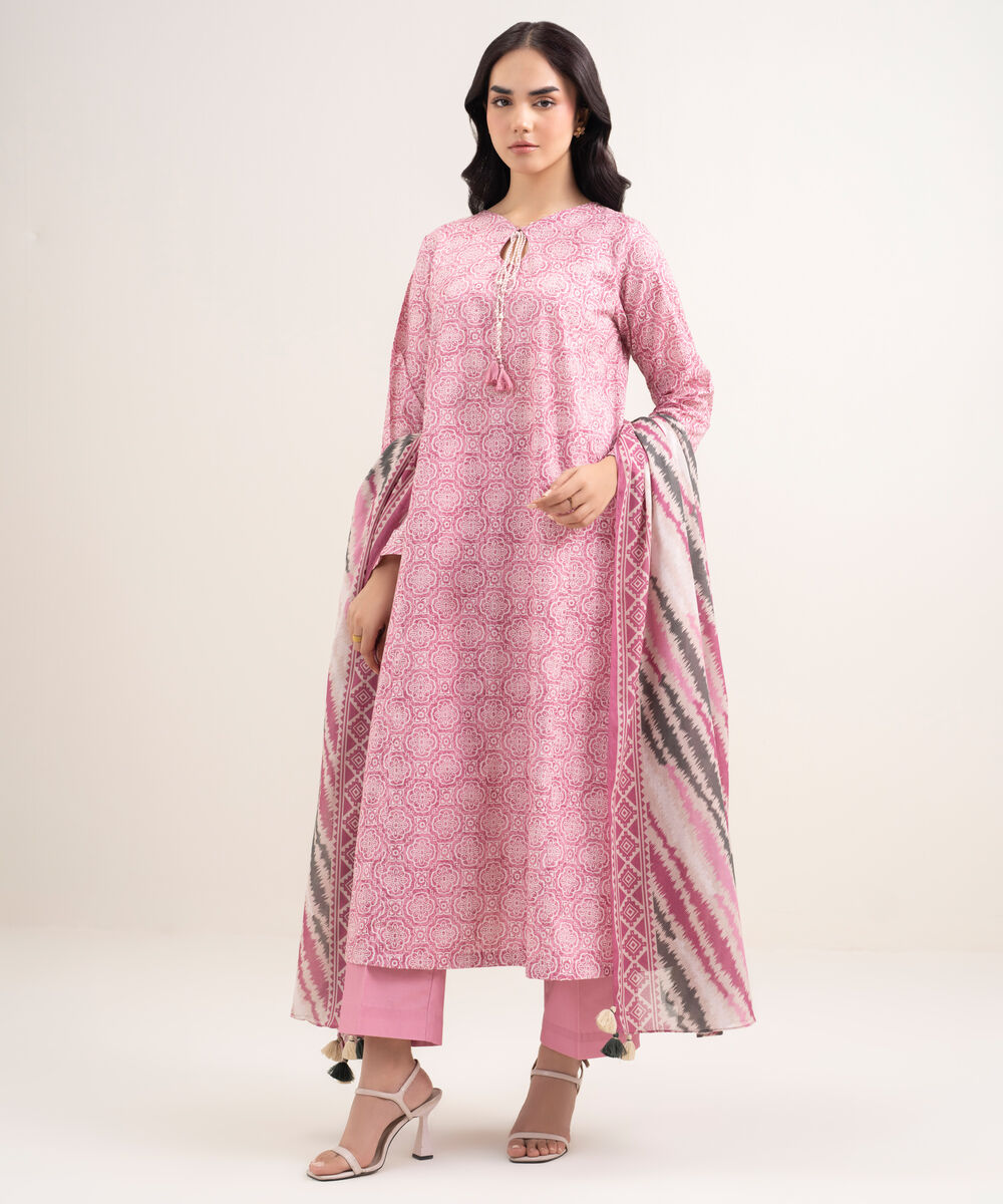Women's Unstitched Lawn Printed Pink 3 Piece Suit