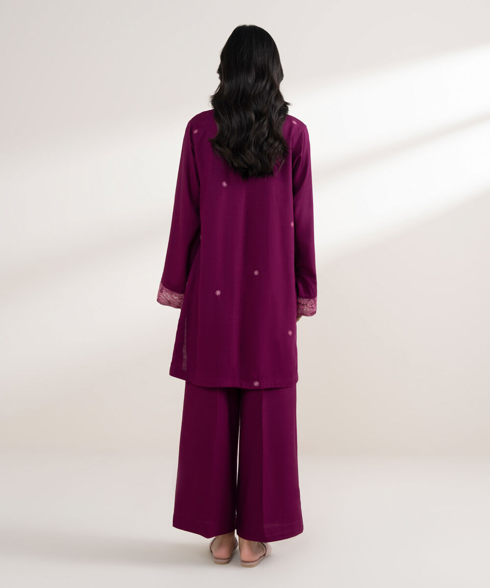 Women's RTW Arabic Khaddar Embroidered Magenta Straight Shirt