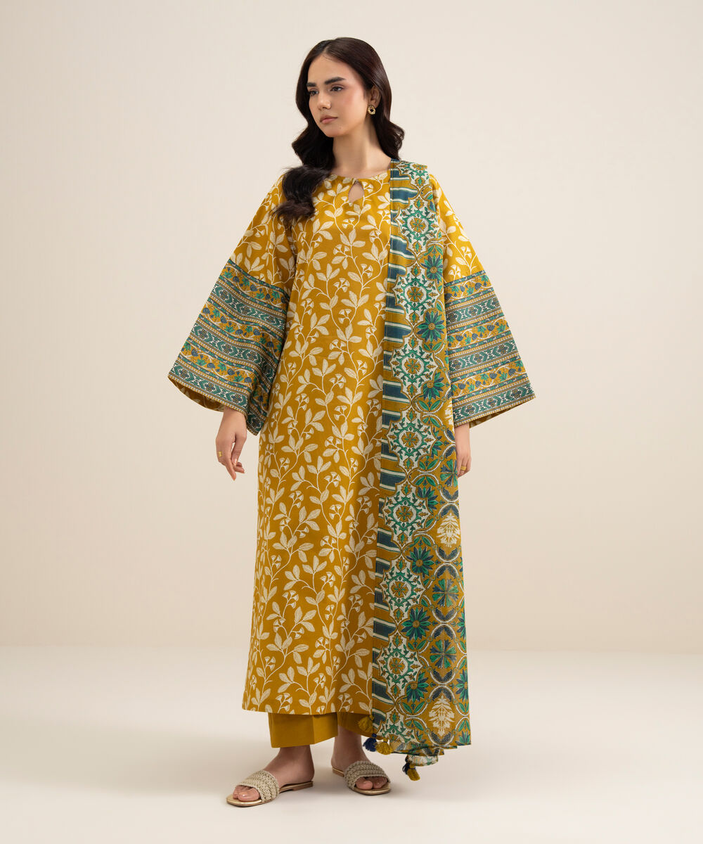 Women's Unstitched Lawn Printed Yellow 3 Piece Suit