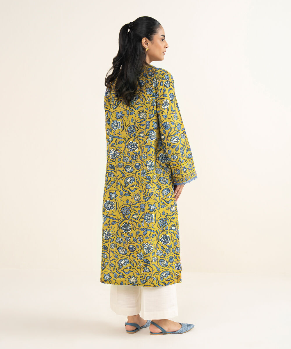 Women's RTW Khaddar Printed Yellow A-Line Shirt