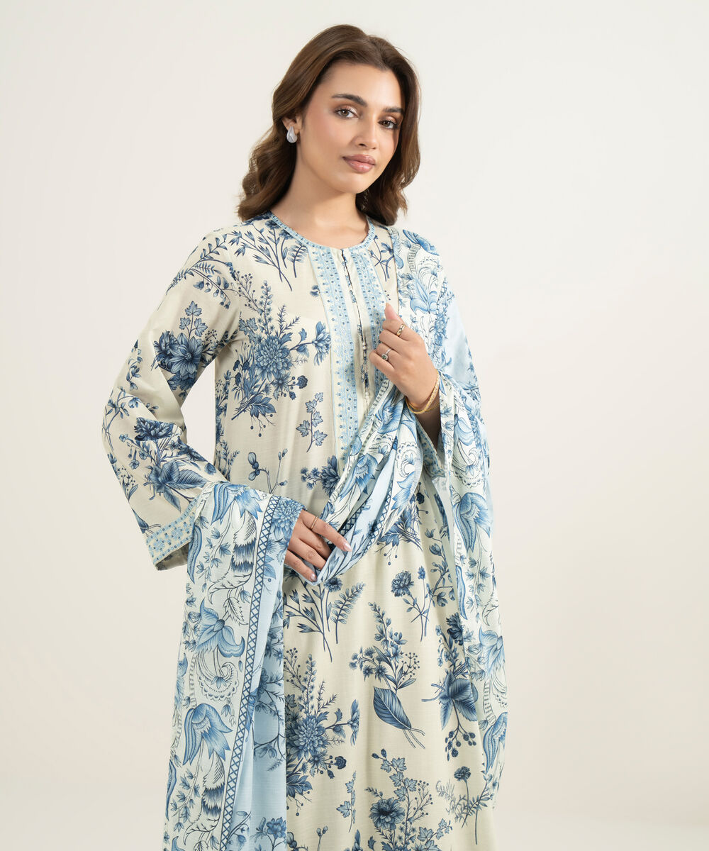 Women's RTW Slub Lawn Embroidered Beige 3 Piece Suit