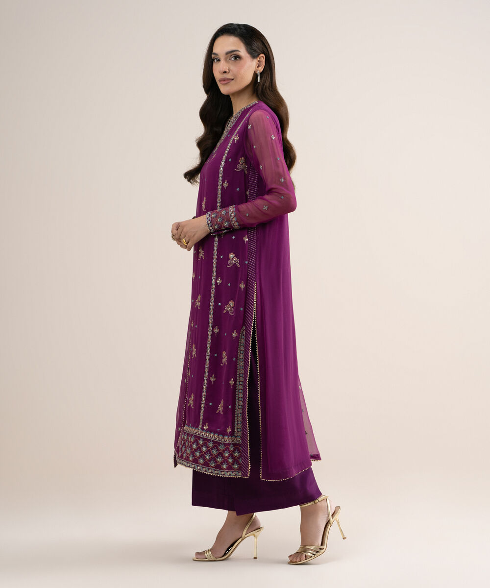 Women's Unstitched Embroidered Blended Chiffon Purple 3 Piece Suit