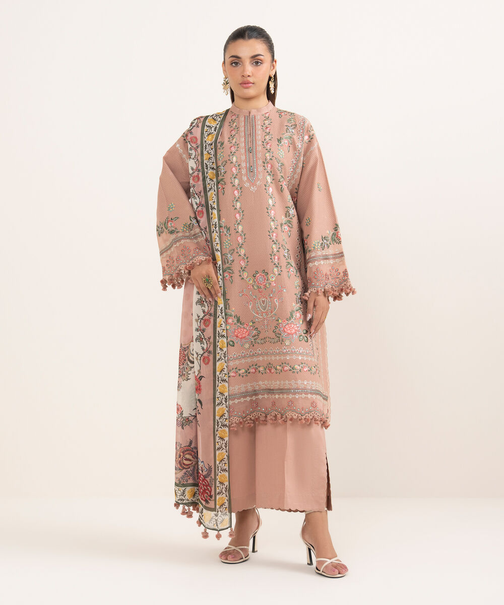 Women's Unstitched Dobby Embroidered Beige 3 Piece Suit