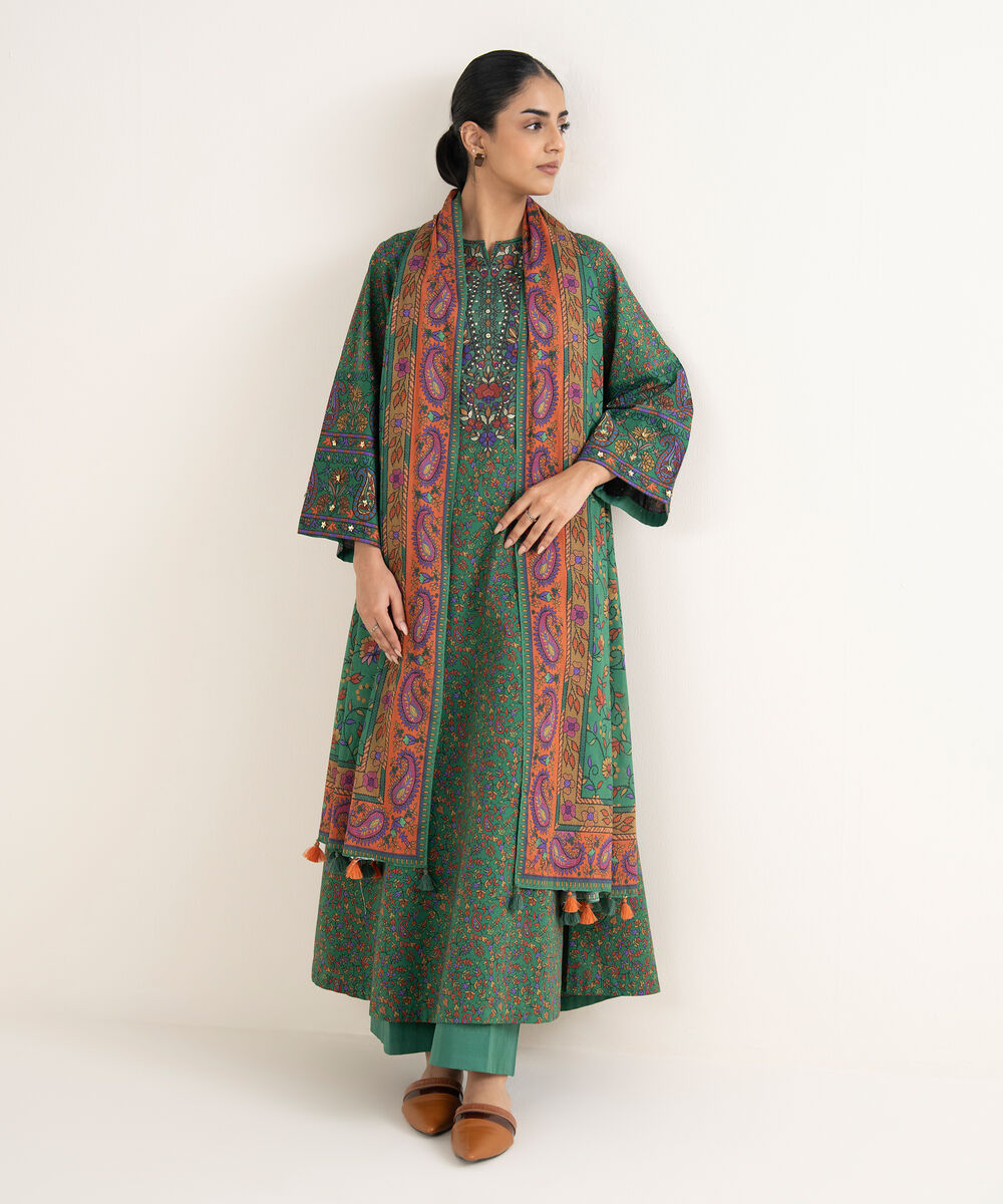 Women's Unstitched Lawn Printed Green 3 Piece Suit