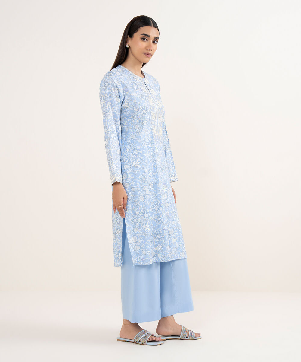Women's RTW Lawn Blue Embroidered Straight Shirt
