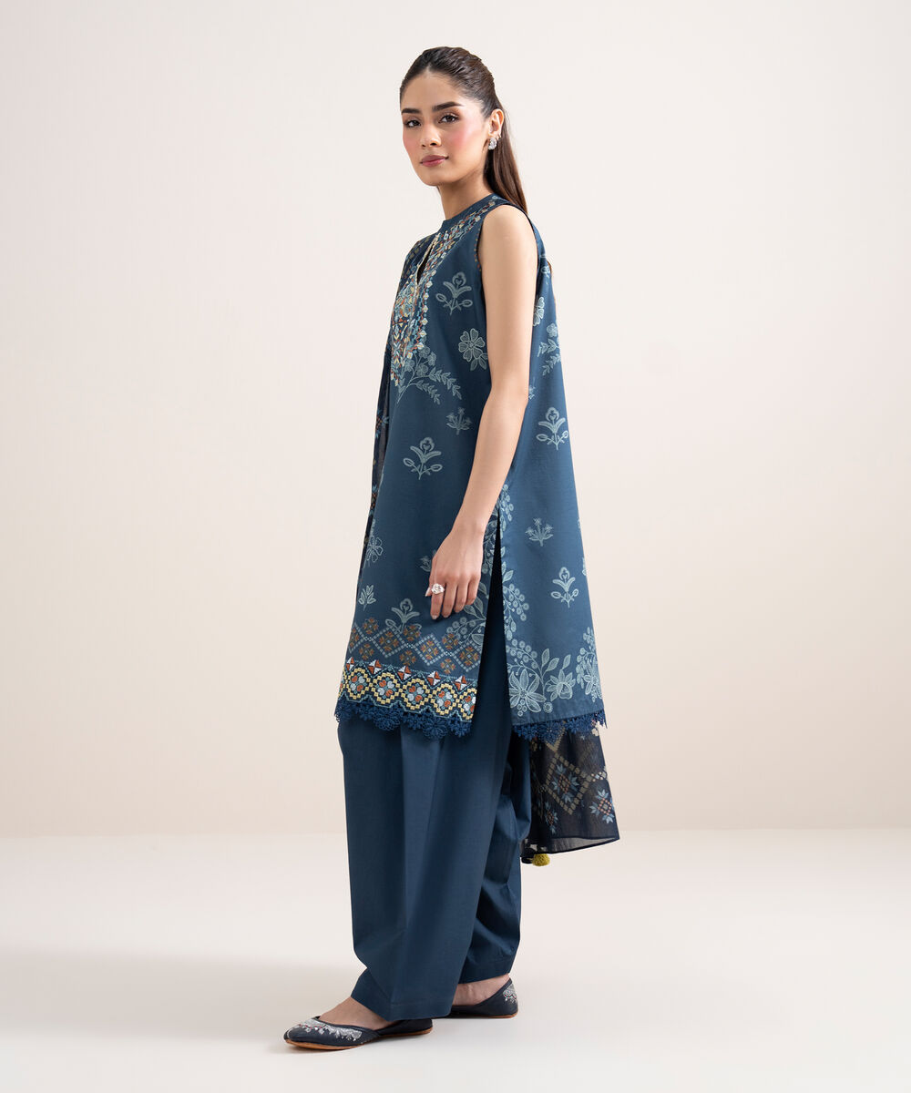 Women's Unstitched Lawn Embroidered Blue 3 Piece Suit