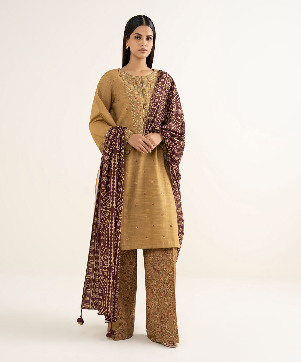 Women's Unstitched Light Khaddar Embroidered Brown 3 Piece Suit