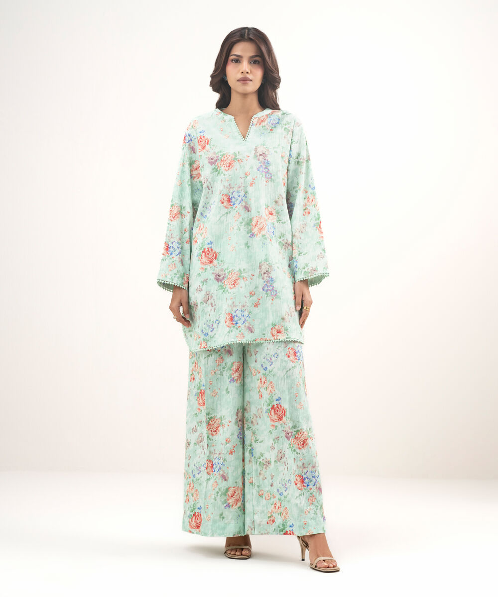 Women's RTW Seersucker Printed Turquoise Straight Shirt