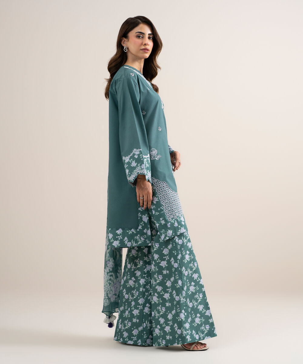 Women's Unstitched Dobby Embroidered Green 3 Piece Suit