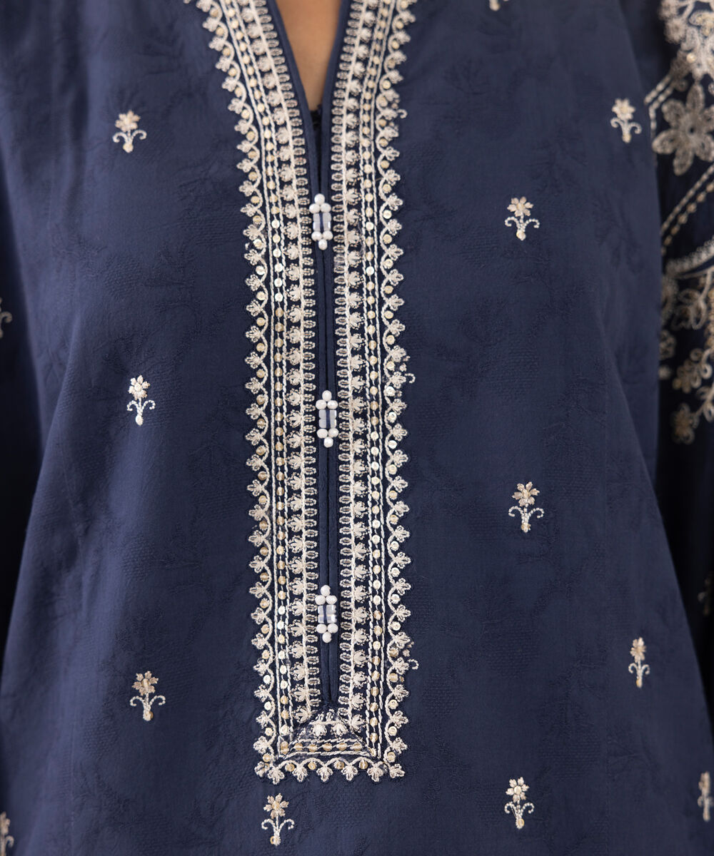 Women's Unstitched Jacquard Embroidered Blue Three Piece Suit