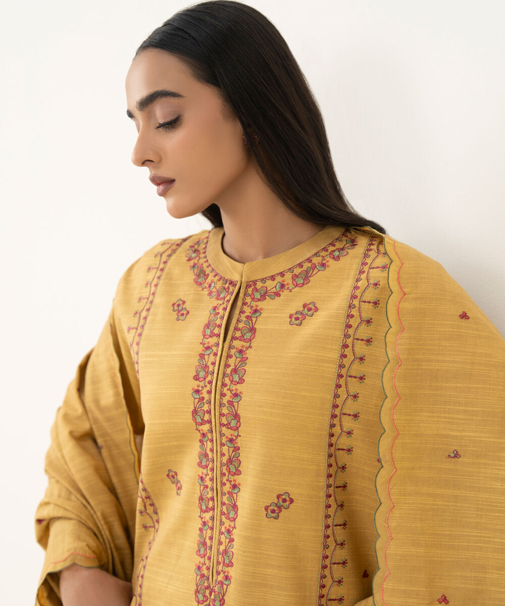 Women's Unstitched Embroidered Cotton Yellow 3 Piece Suit