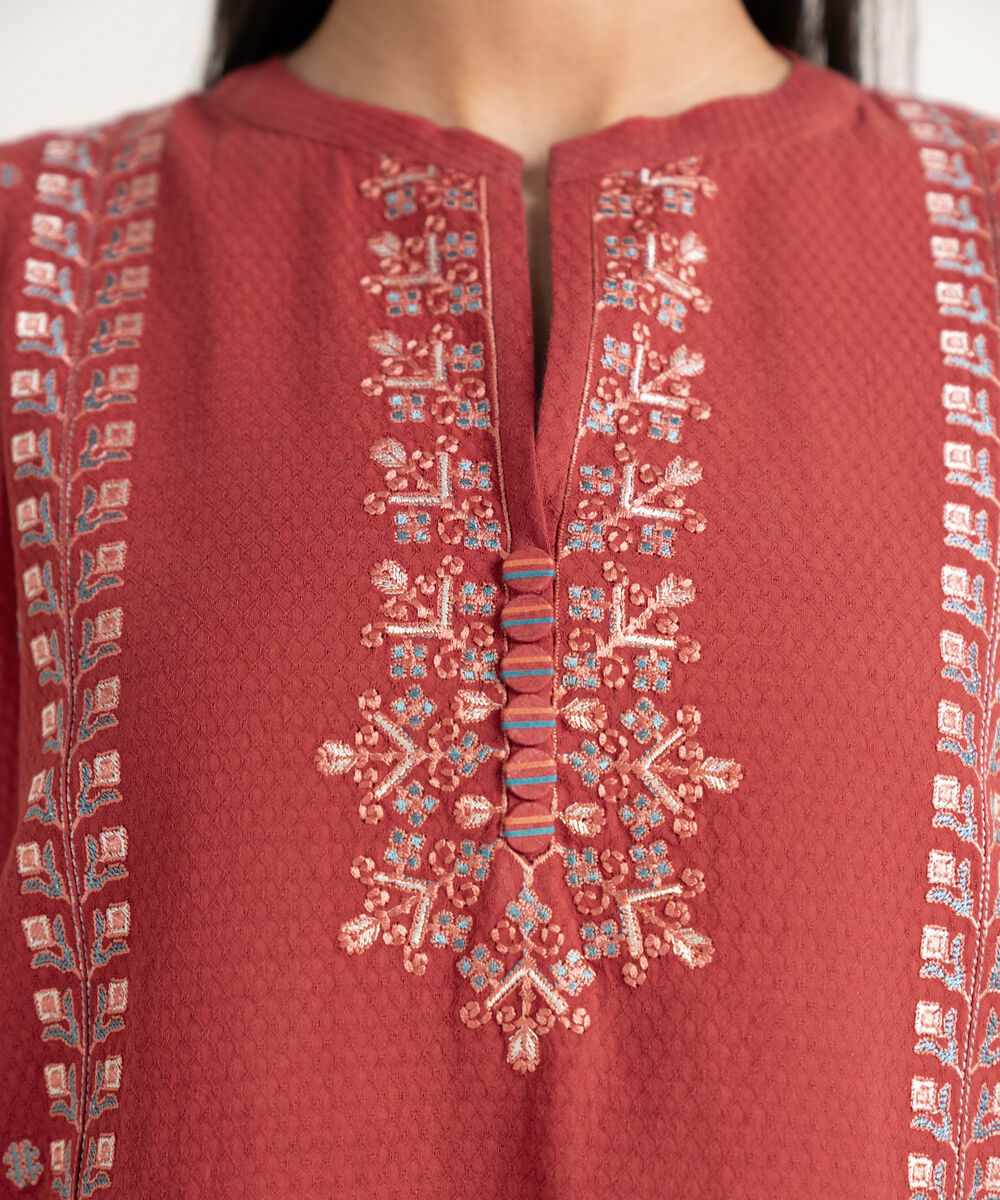 Women's Unstitched Dobby Embroidered Red  2 Piece Suit