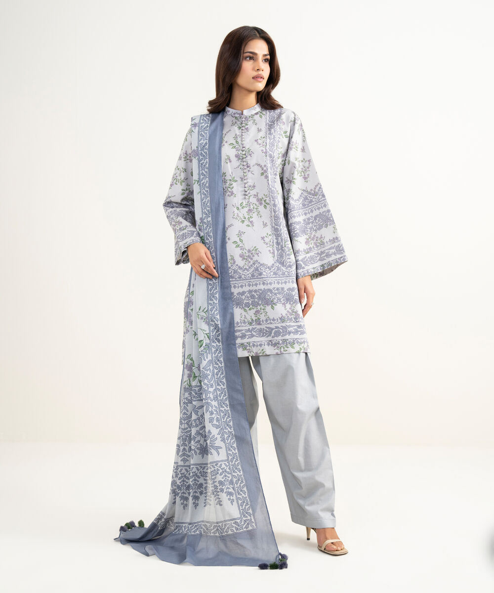 Women's Unstitched Zari Lawn Embroidered Purple 3 Piece Suit