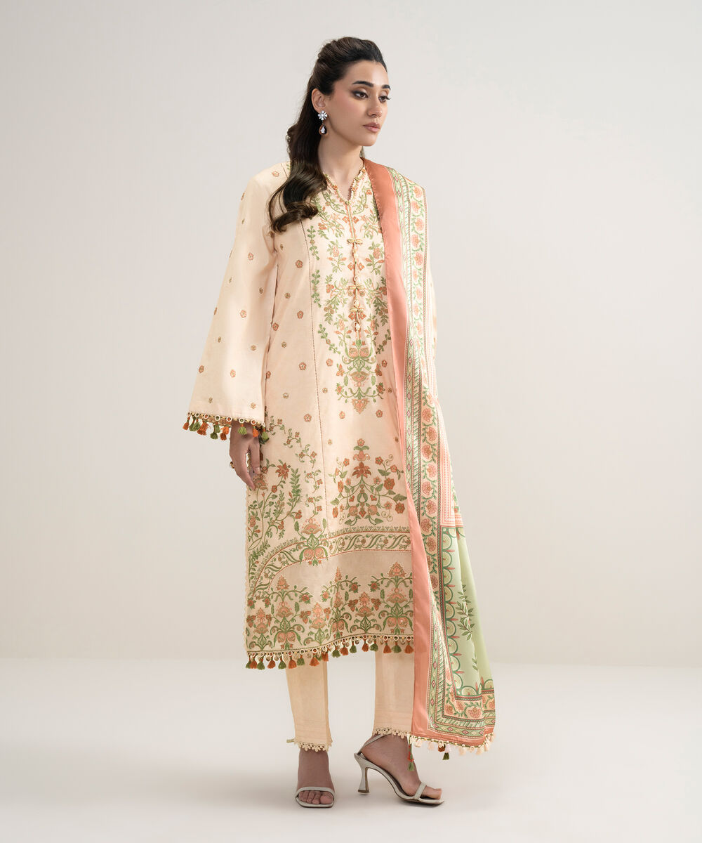 Women's Unstitched Lawn Embroidered Pink 3 Piece Suit