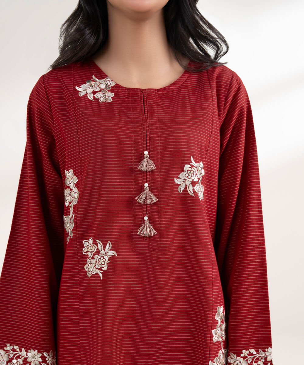 Women's RTW Light Khaddar Embroidered Red Straight Shirt