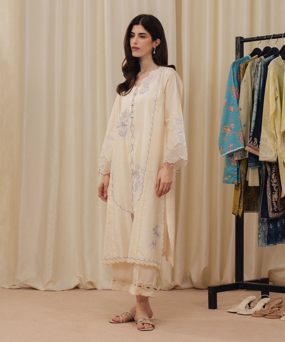 Women's RTW Silk Cotton Net Embroidered Off White 2 Piece Suit