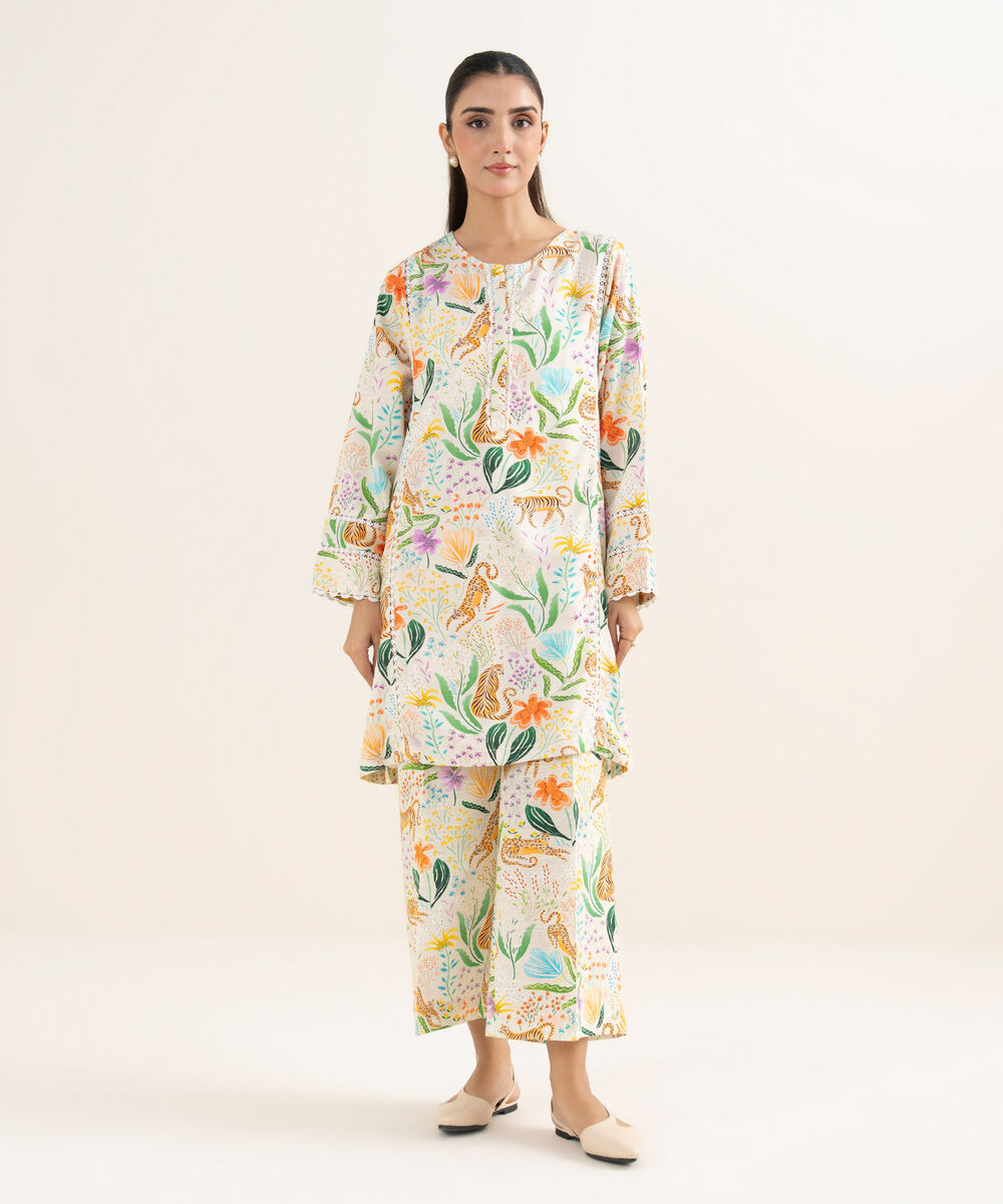 Women's RTW Herringbone Printed Off White Straight Shirt