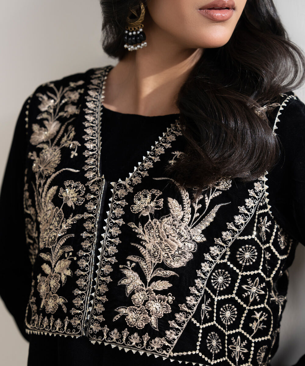 Women's RTW Velvet Embroidered Black Straight 2 Piece Suit