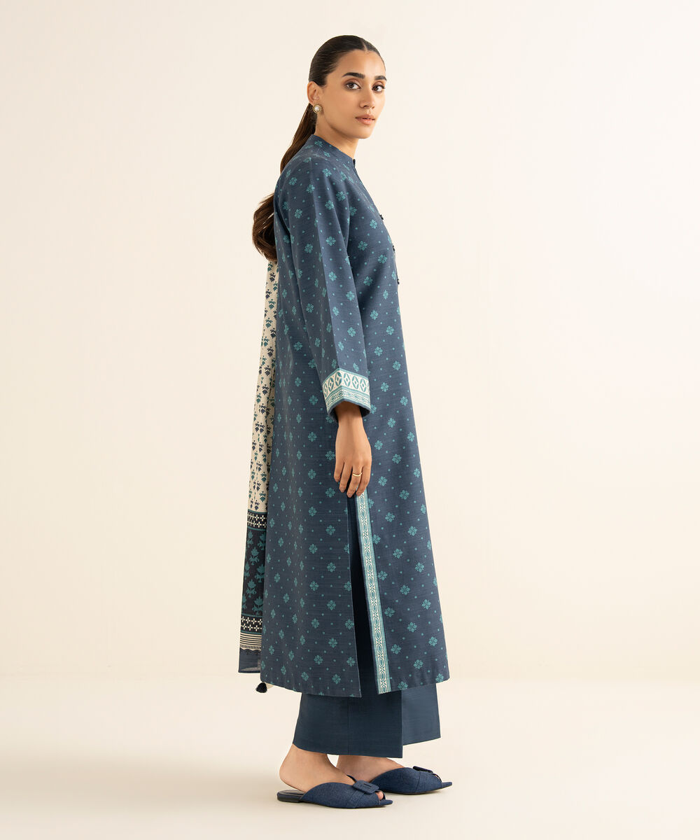 Women's Unstitched Khaddar Printed Blue 2 Piece Suit