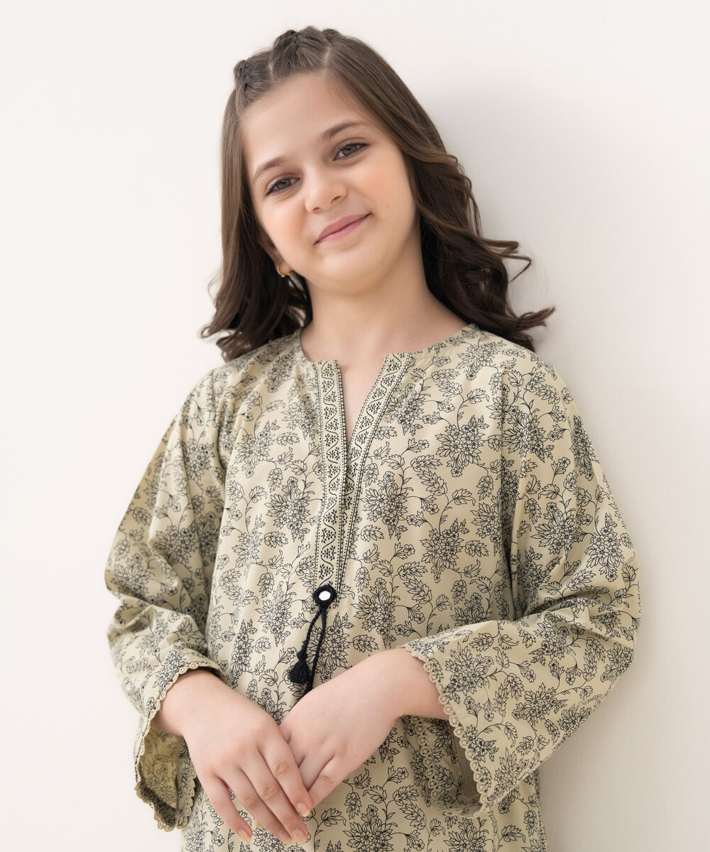 Girl's Cotton Viscose Printed Beige 2 Piece Suit