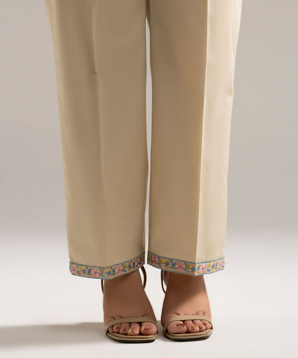 Women's RTW Cambric Embroidered Beige Straight Pants