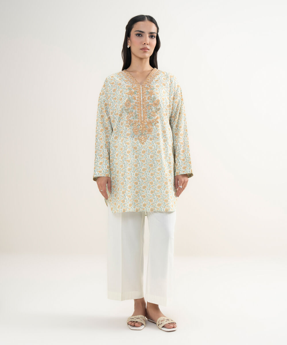 Women's RTW Slub Lawn Embroidered Mint Green Drop Shoulder Shirt