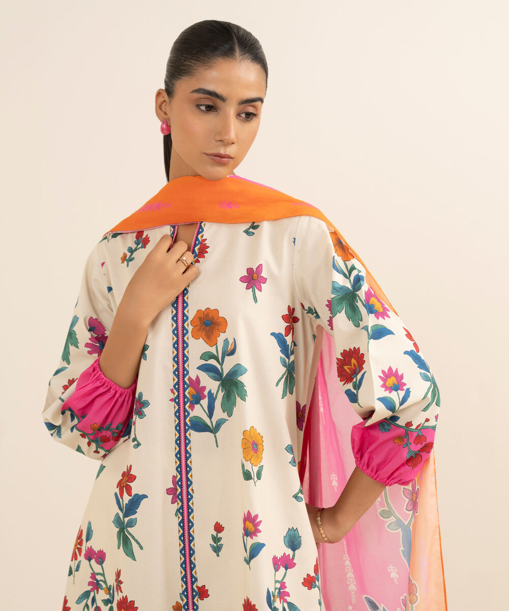 Women's Unstitched Cotton Printed Multi 3 Piece Suit