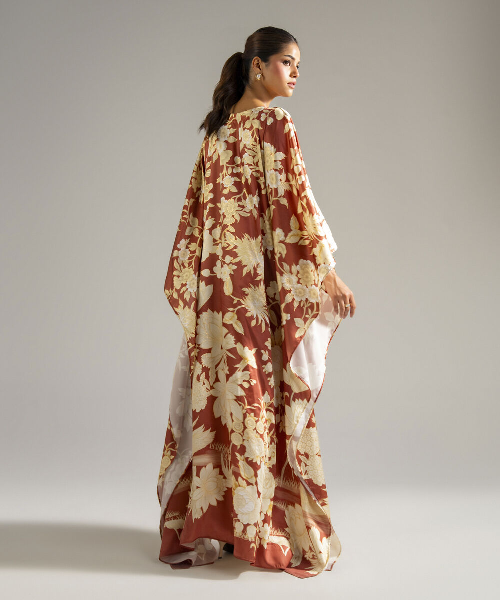 Women's RTW Blended Satin Printed Brown Kaftan
