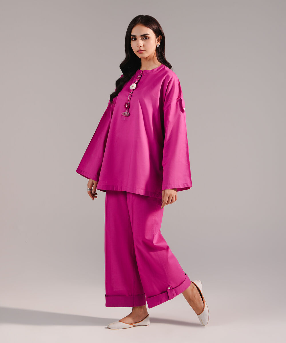 Women's RTW Crosshatch Solid Pink Drop Shoulder Shirt