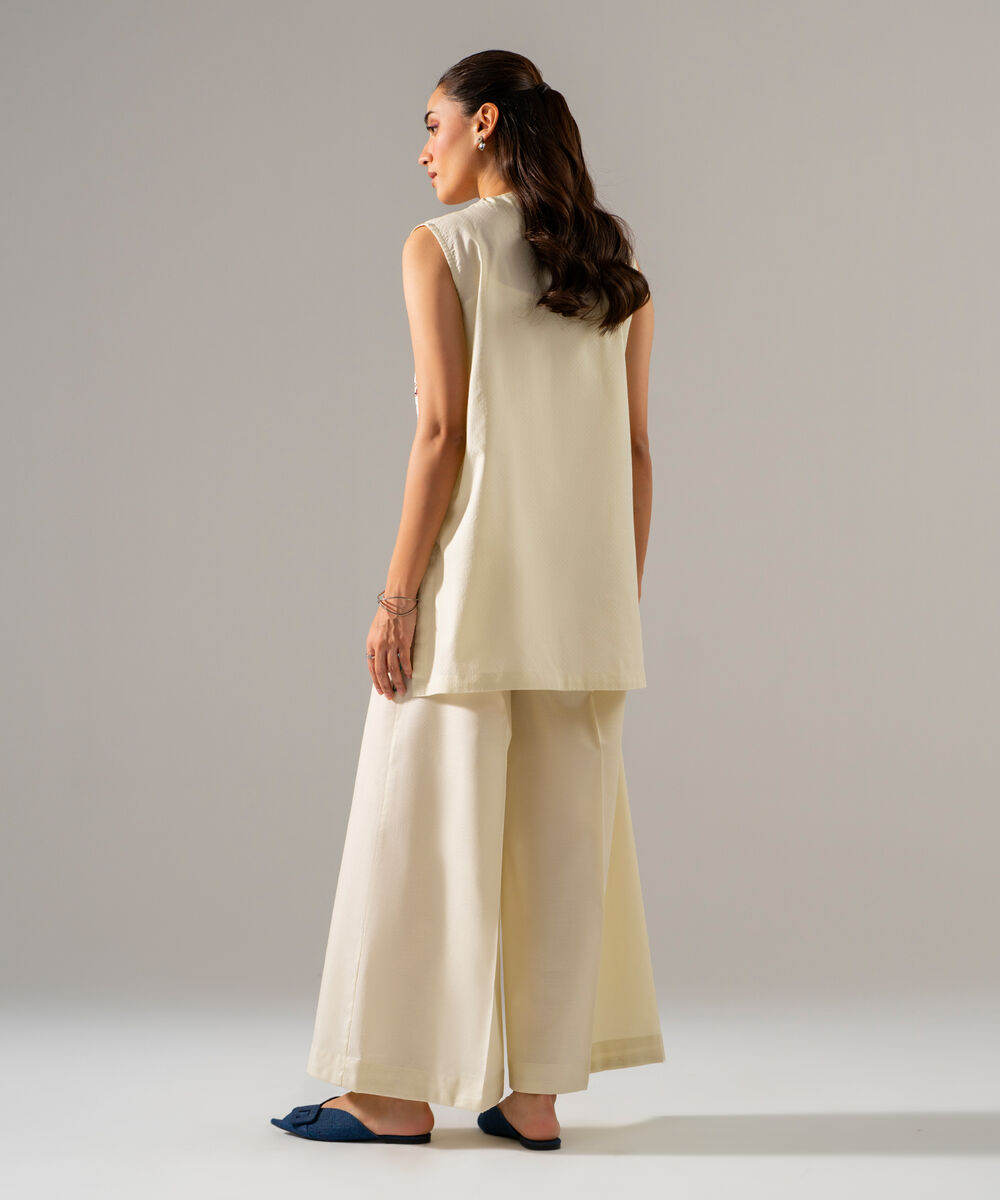Women's RTW Dobby Solid Embroidered Off White 2 Piece Suit