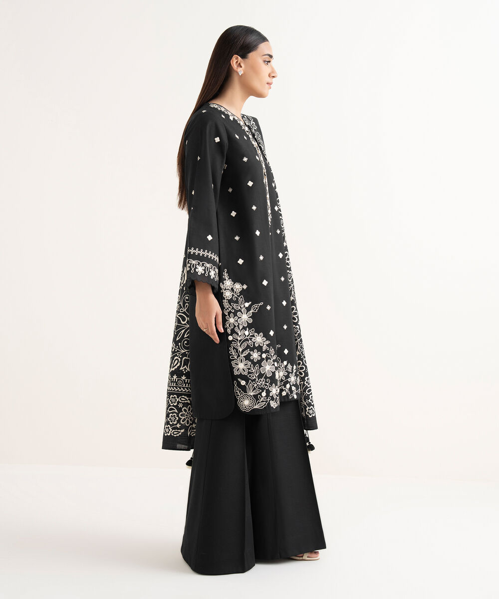 Women's Unstitched Light Khaddar Embroidered Black 3 Piece Suit