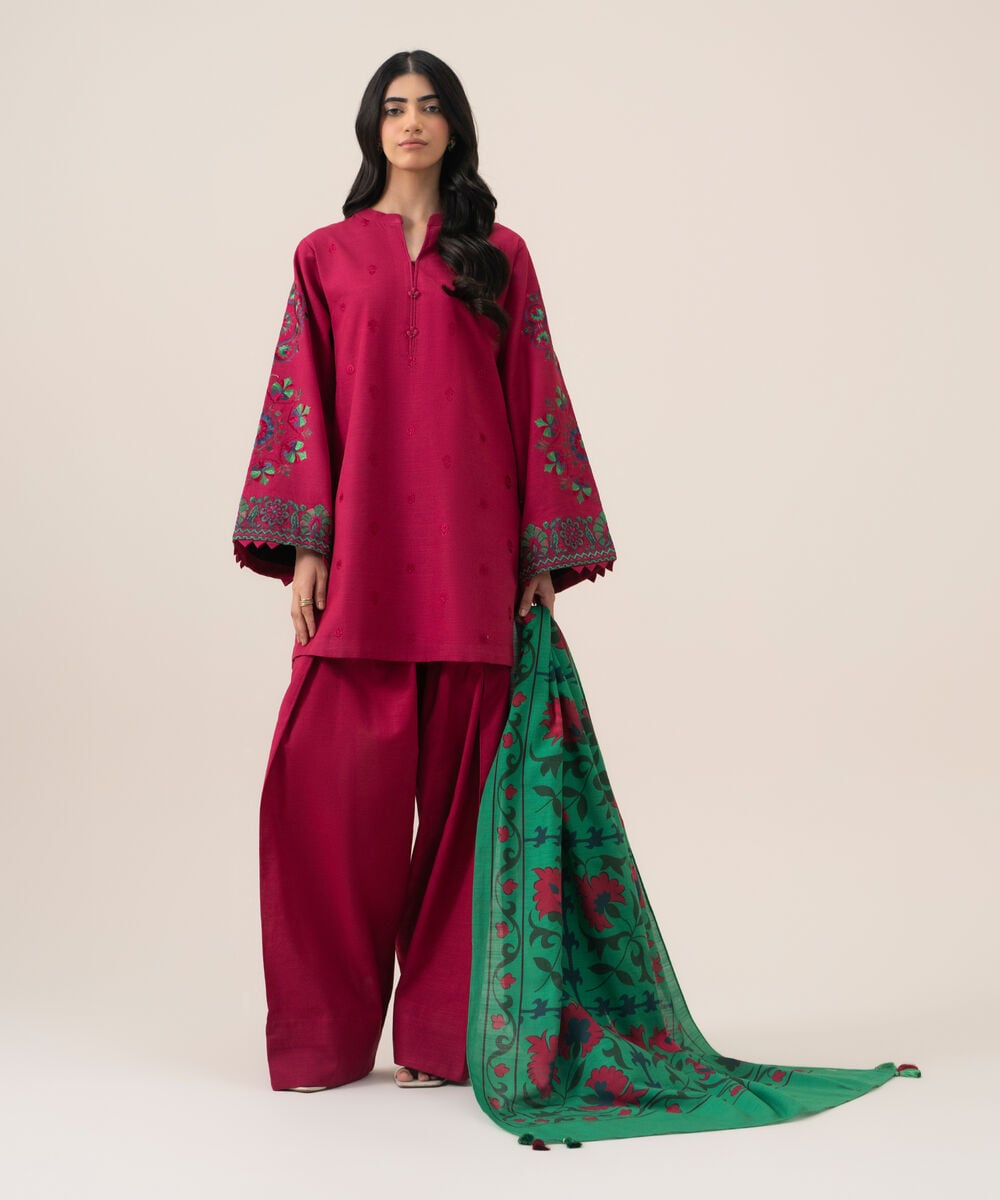 Women's Unstitched Lawn Embroidered Pink 3 Piece Suit