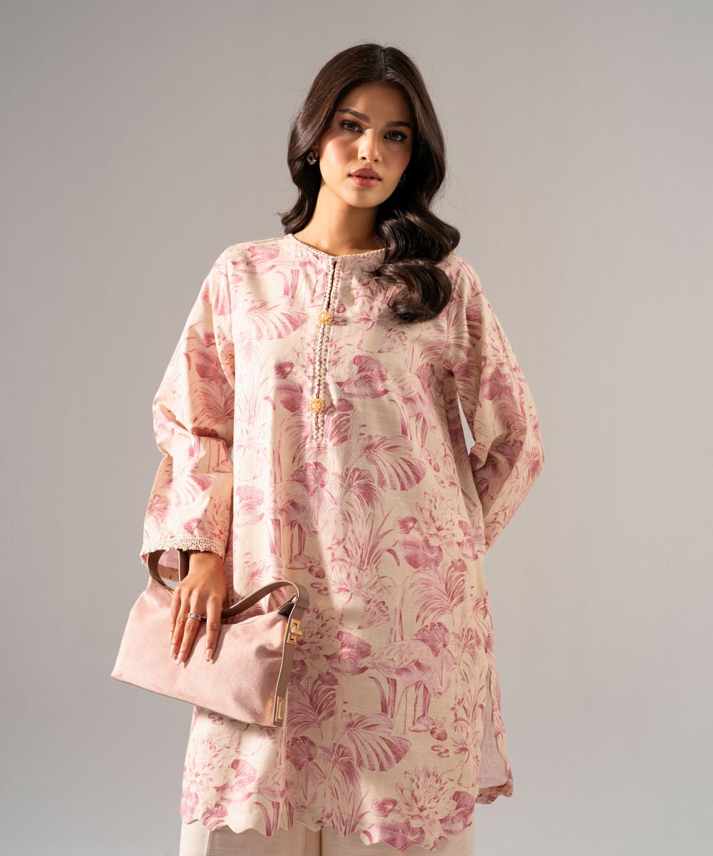Women's RTW Khaddar Printed Beige Straight Shirt