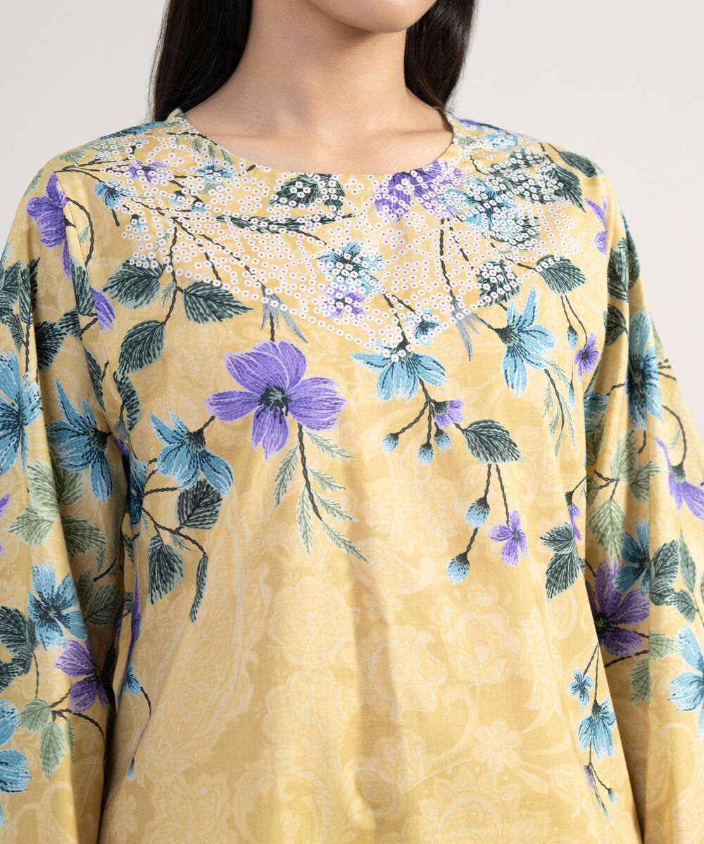 Women's RTW Cambric Printed Yellow Straight Shirt