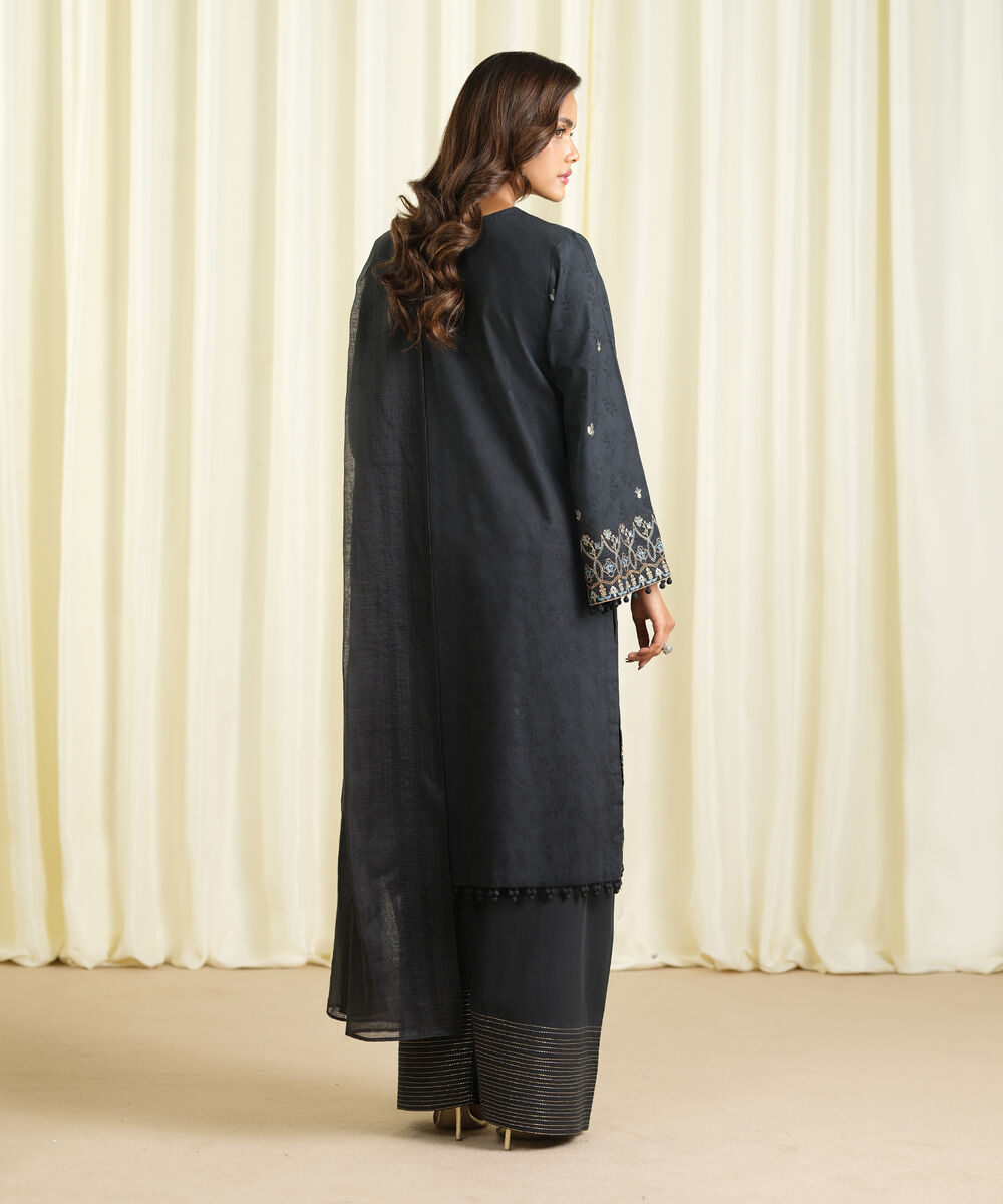 Women's Unstitched Cotton Jacquard Embroidered Black 3 Piece Suit