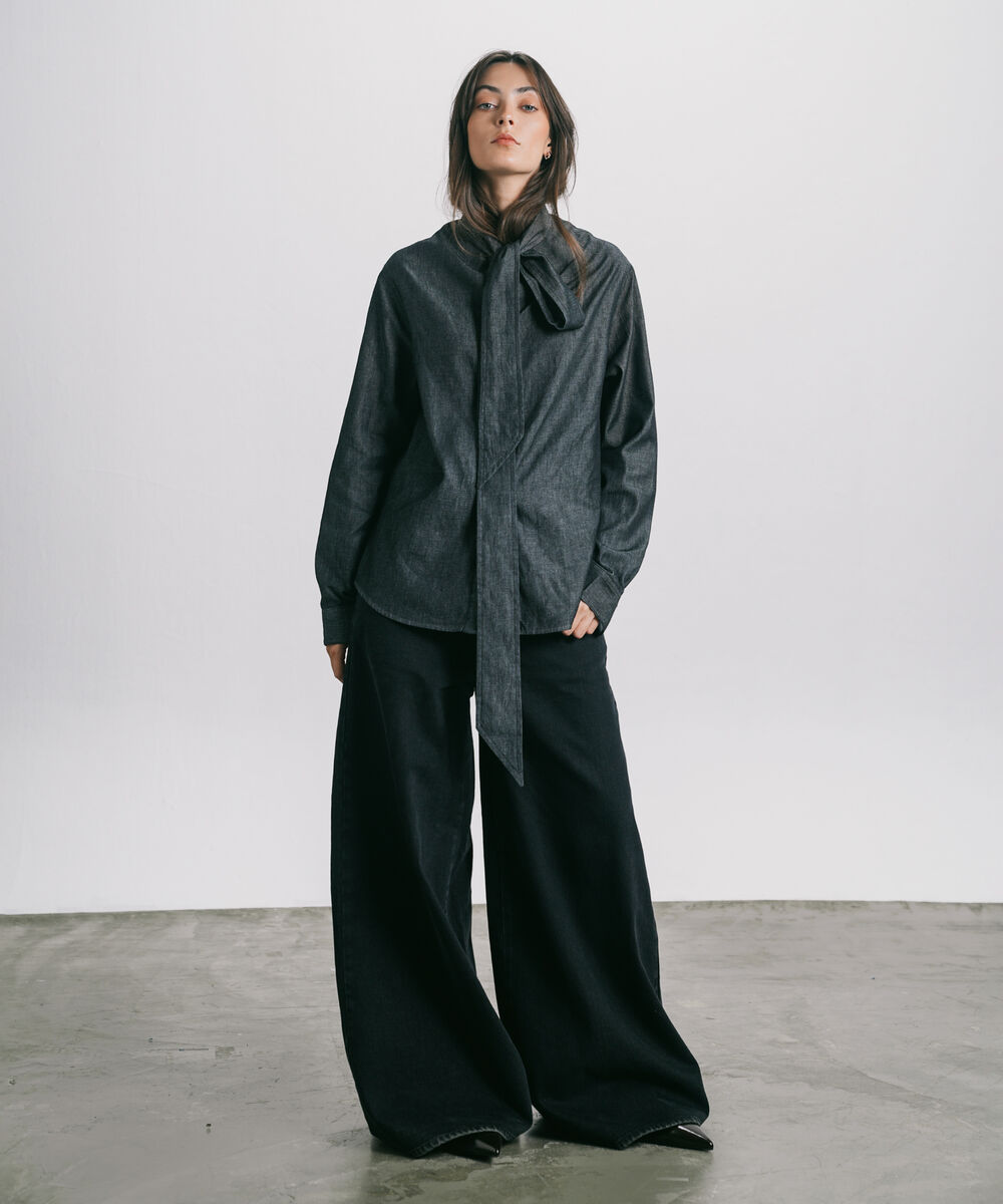 Women's Western Wear Black Denim Shirt With Self-Tie Fastening