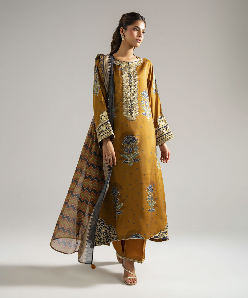 Women's RTW Bright Raw Silk Embroidered Mustard Brown 3 Piece Suit
