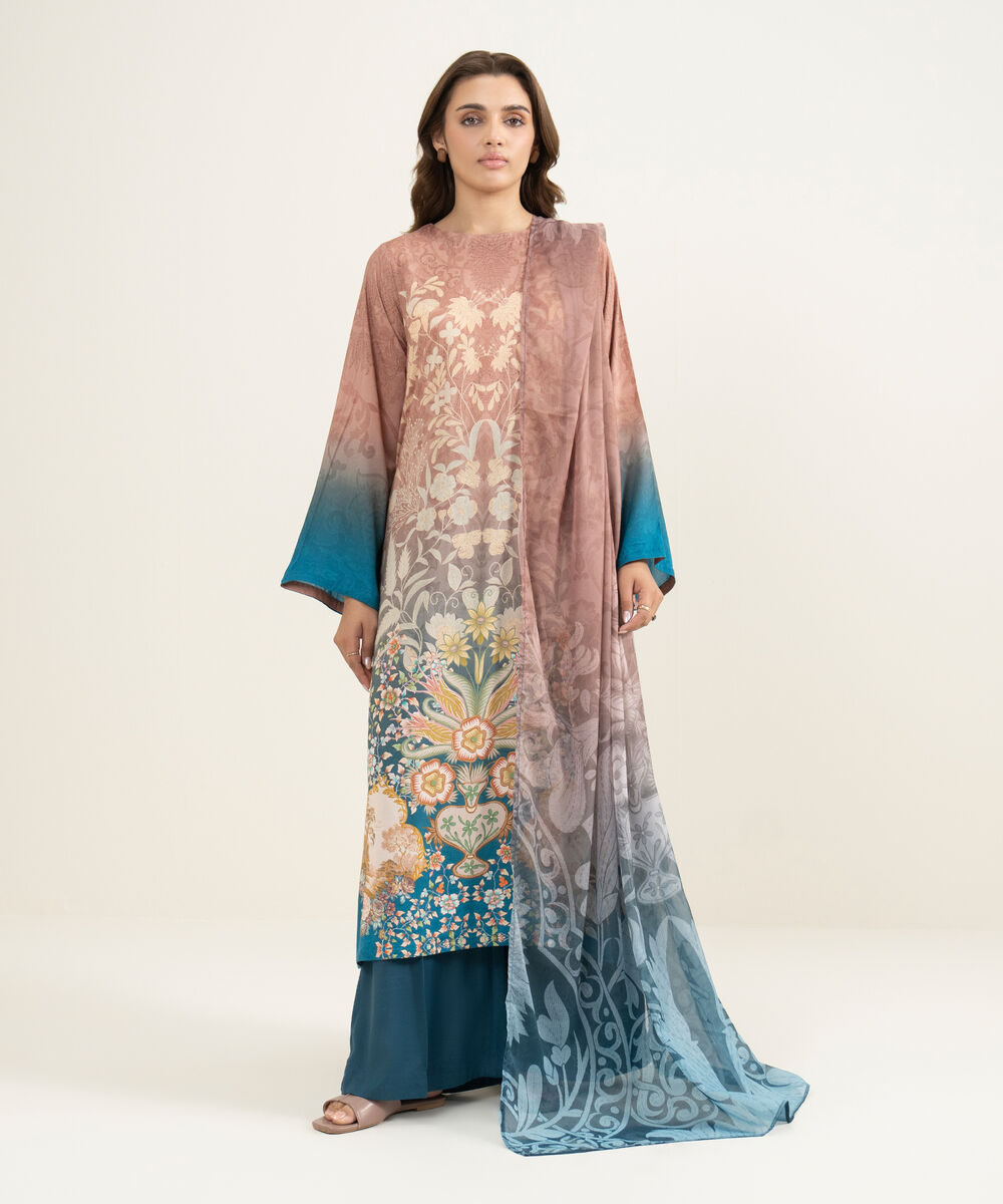 Women's RTW Viscose Raw Silk Printed Teal 3 Piece Suit