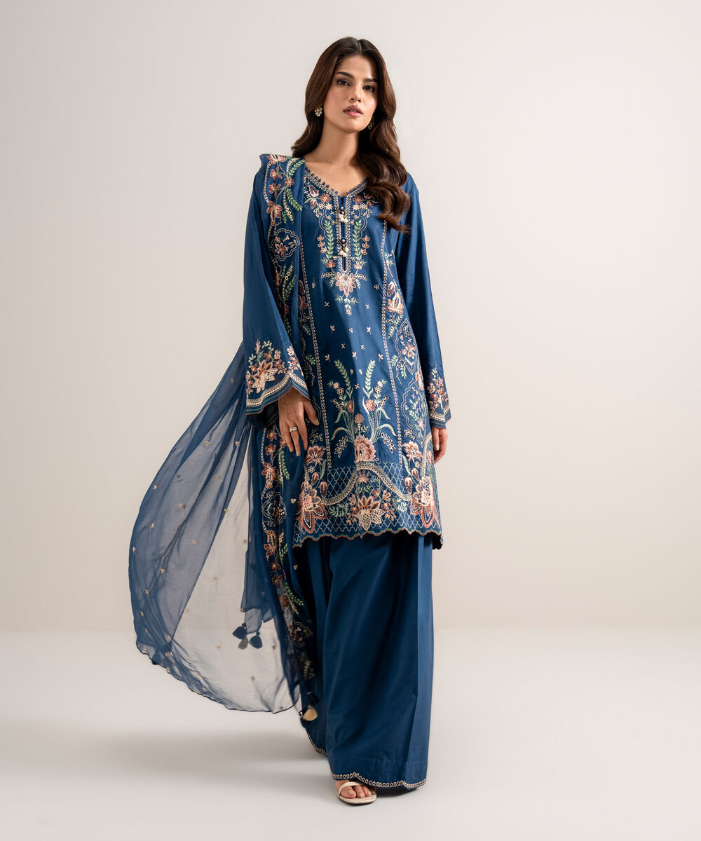 Women's Unstitched Embroidered Cotton Viscose Blue 3 Piece Suit