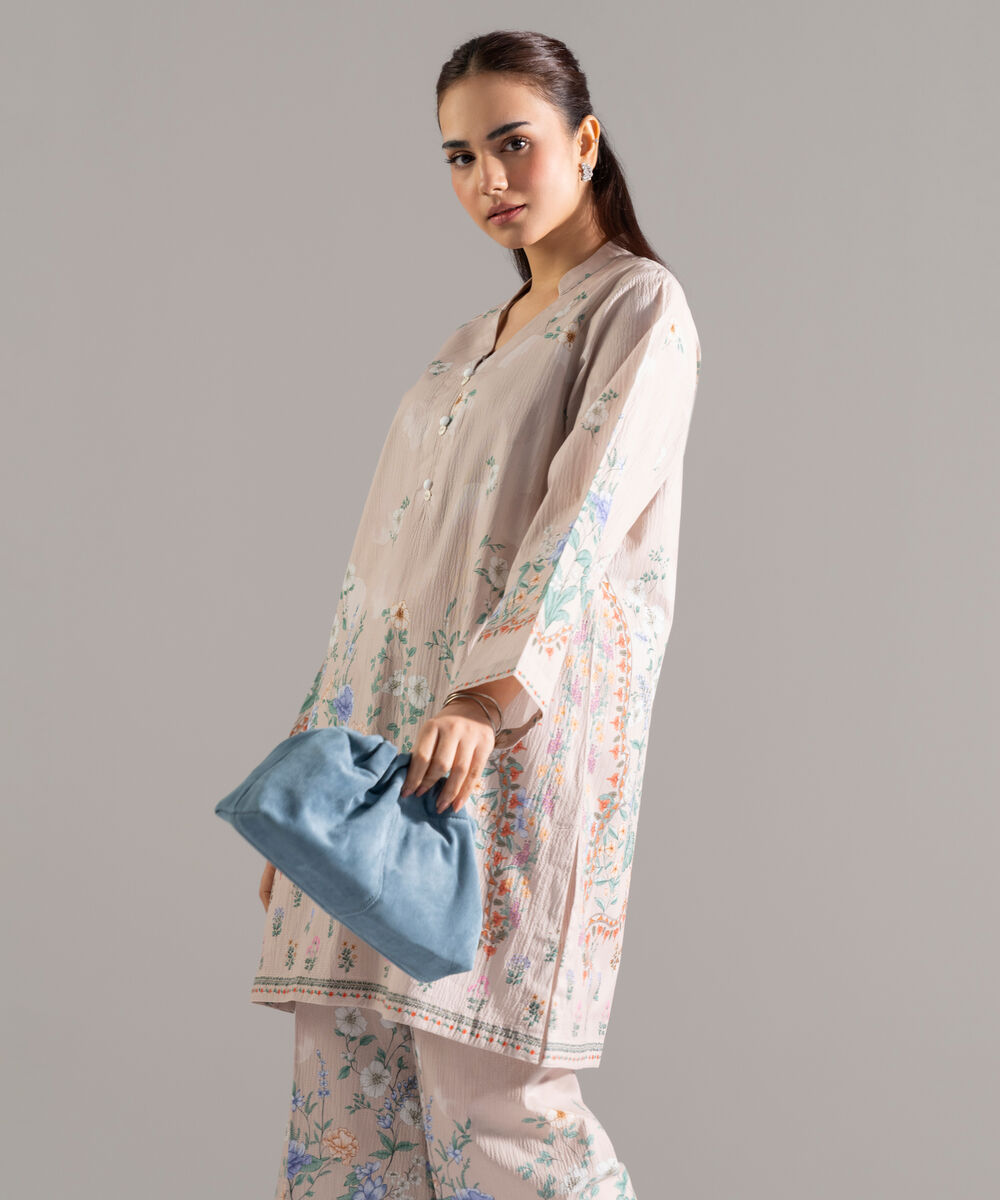 Women's RTW Seersucker Printed Beige 2 Piece Suit