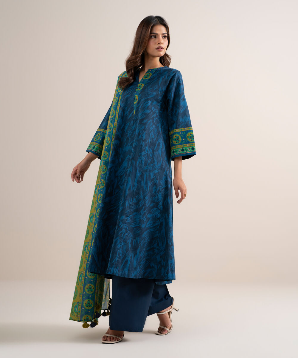Women's Unstitched Lawn Printed Dark Blue 3 Piece Suit