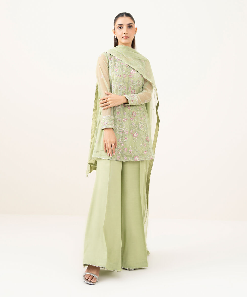 Women's RTW Blended Net Green Dyed Three Piece