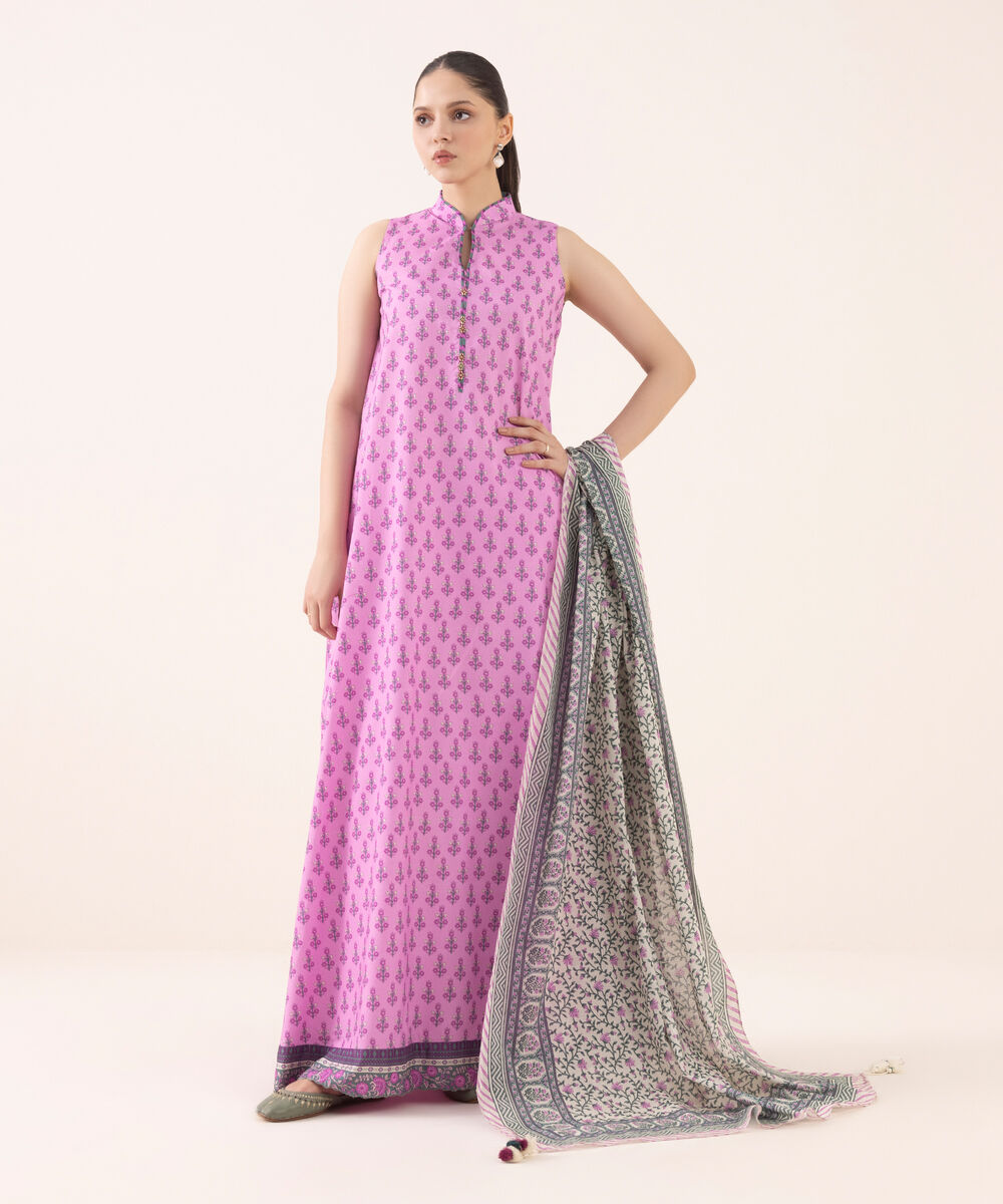 Women's Unstitched Arabic Lawn Printed Pink 3 Piece Suit