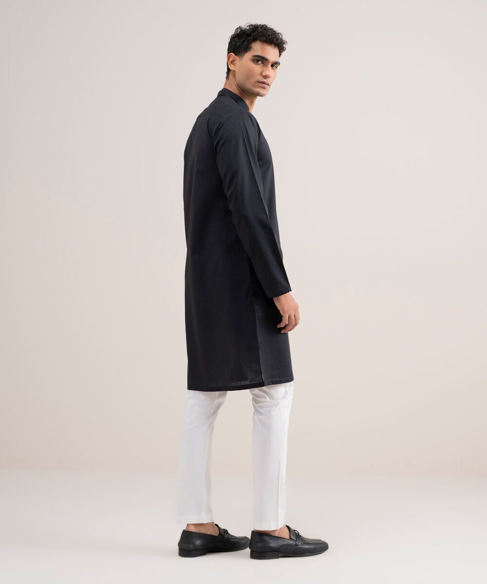 Men's Stitched Cotton Jacquard Black Kurta