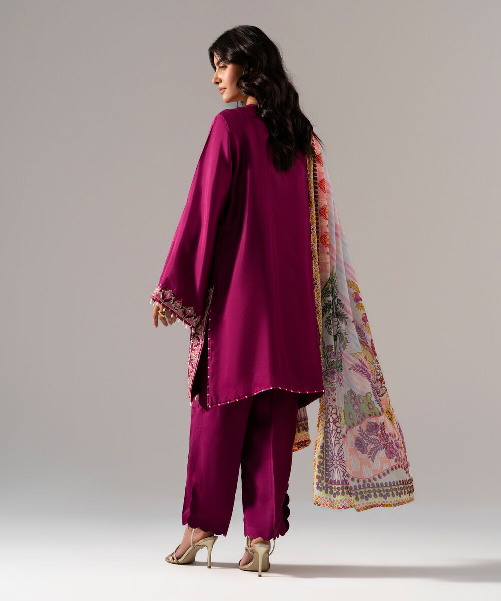 Women's RTW Solid Embroidered Plum Bright Raw Silk 3 Piece Suit