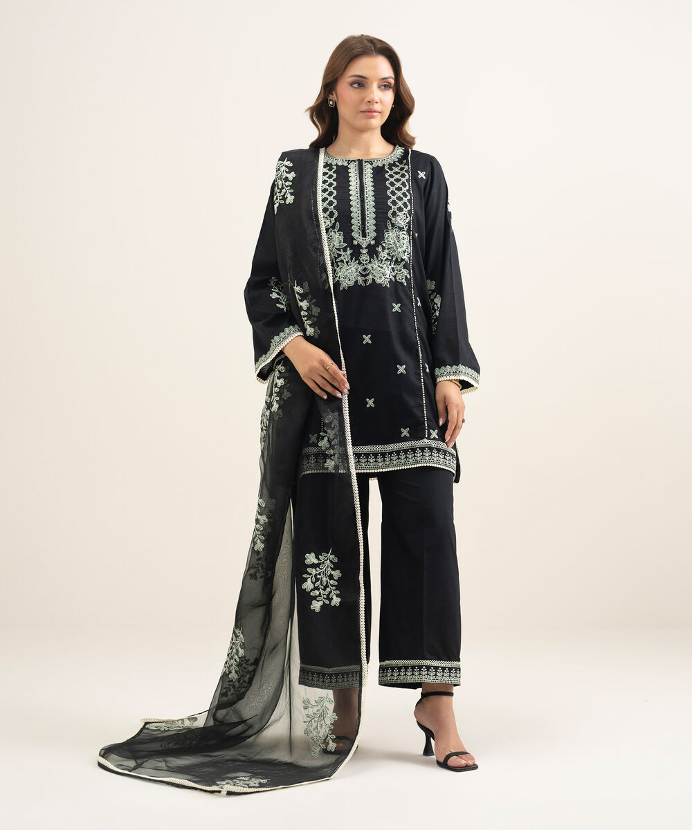 Women's RTW Dobby Embroidered Black A-Line Shirt