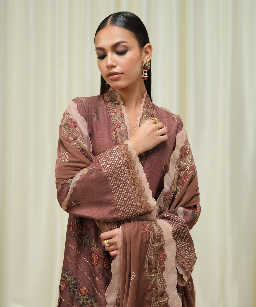 Women's Unstitched Raw Silk Embroidered Brown 3 Piece Suit