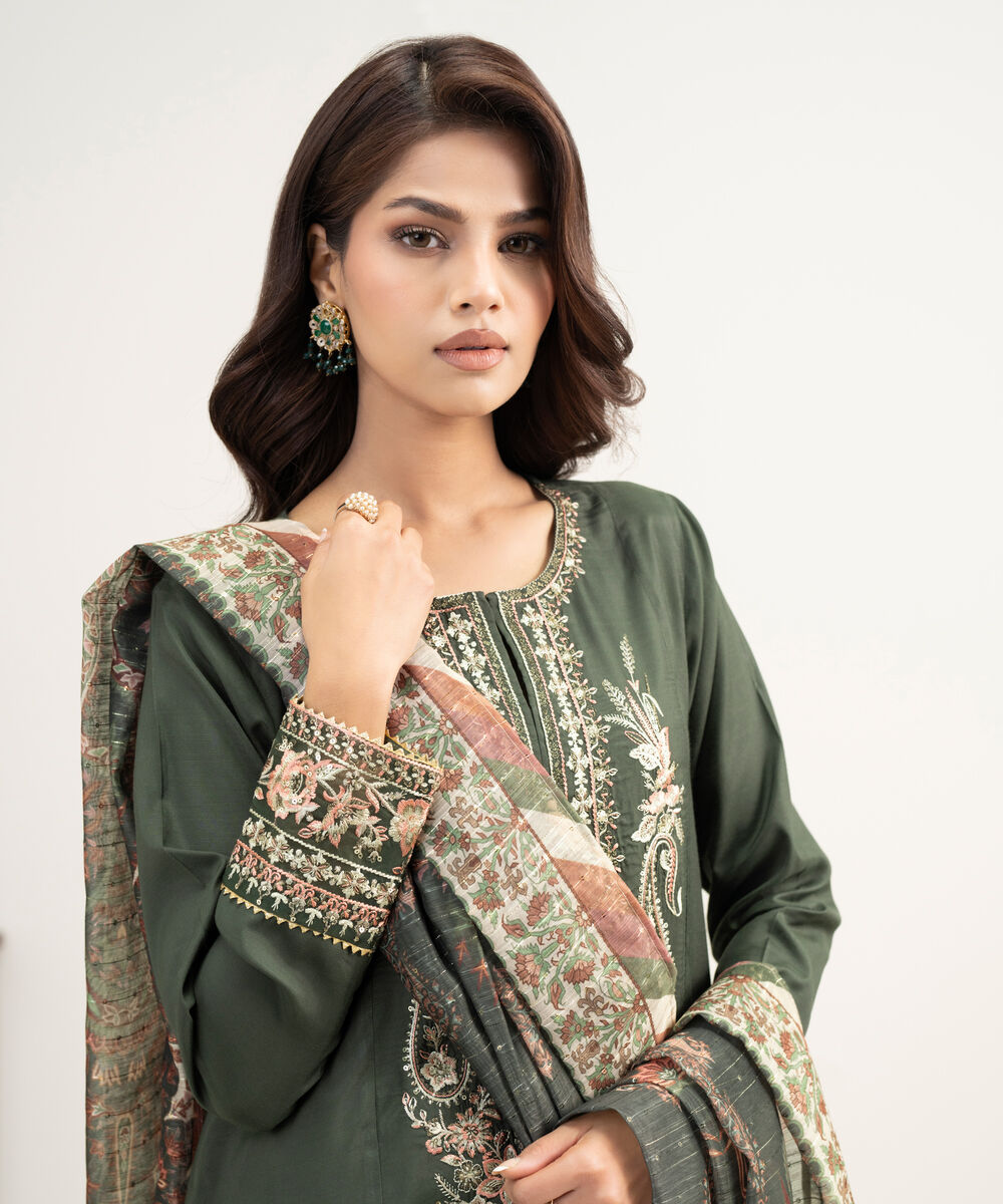 Women's RTW Viscose Raw Silk Embroidered Dark Green 3 Piece Suit